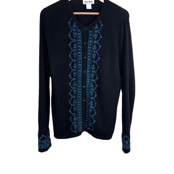 Vintage Embroidered Cardigan Sweater M Black Boho Whimsigoth Ramie Cotton Granny - Picture 1 of 9